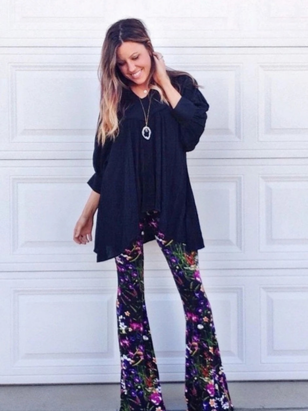 Olivaceous Floral Bell Bottom Pants in Black & Purple Size Medium